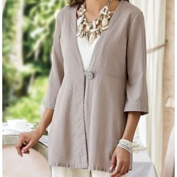 Soft Surroundings Gauze Duster Topper Kimono Size XS Button Bendetta Tan Beige - Picture 1 of 13
